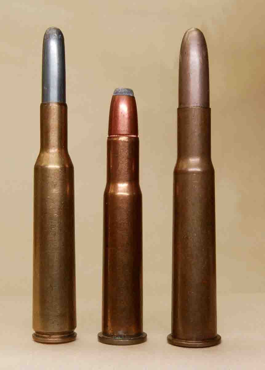 The only other American cartridges for which smokeless loads were available at the time of the .303 Savage’s appearance were (left to right): the .236 Lee Navy, .30-30 Winchester and  the .30-40 Krag.